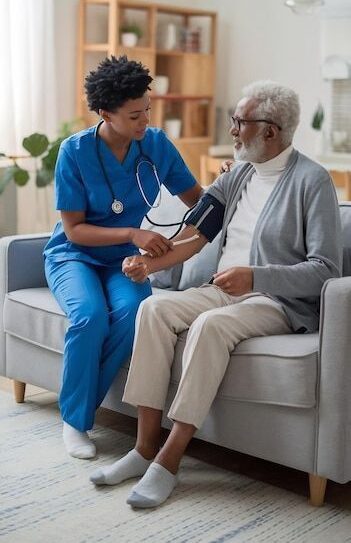 A nurse with an elderly patient checking his blood pressure using a stethoscope