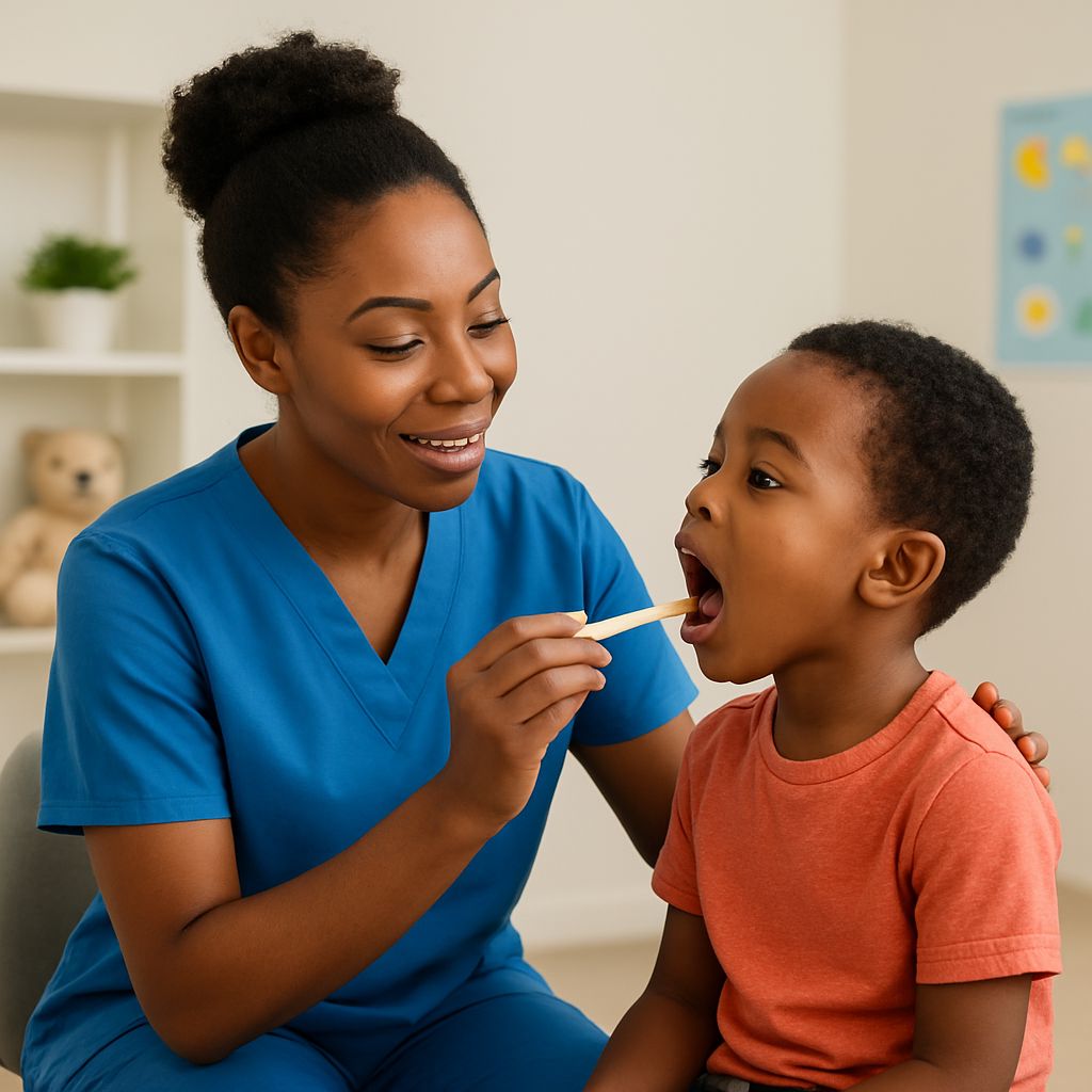 a black speech therapist in lagos treating a little child with speech difficulty