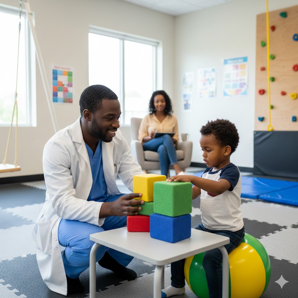 black male nurse doing occupational therapy with a young black boy building blocks.
