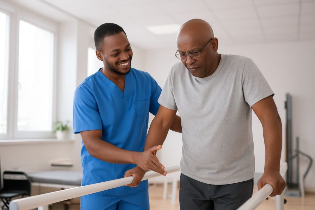 Black physiotherapist assisting an older male patient during a rehabilitation session in a bright therapy clinic.