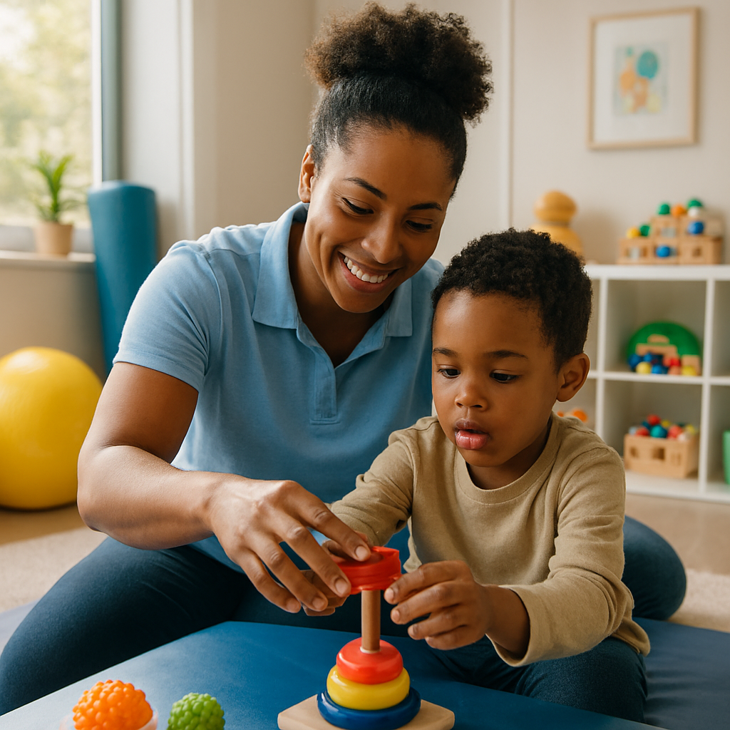 Black physiotherapist working gently with a Black child in a bright, modern therapy room