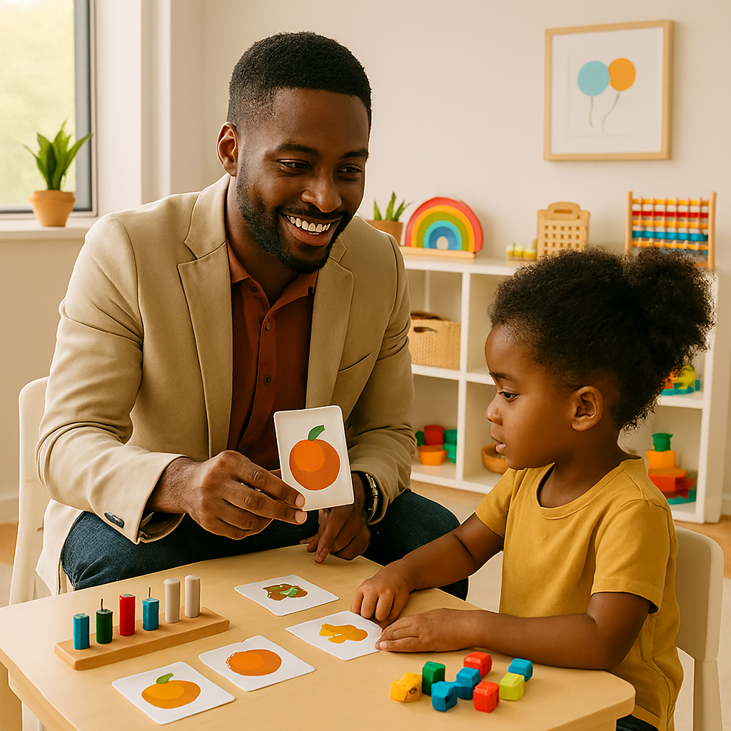 Modern pediatric therapy session in Lagos showing a smiling Black male therapist guiding a young Black child through a hands-on activity with picture cards and educational tools.