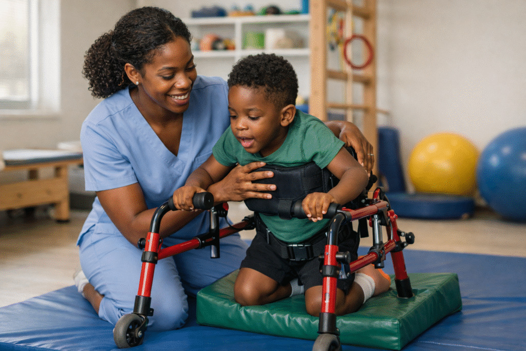 Physical therapy for children with cerebral palsy focused on improving mobility and strength through guided pediatric physiotherapy.