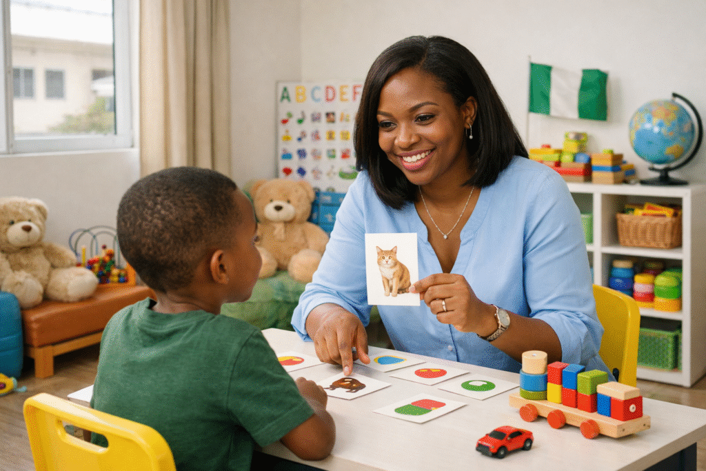 Speech therapist supporting a child with speech delay during a therapy session in Lagos