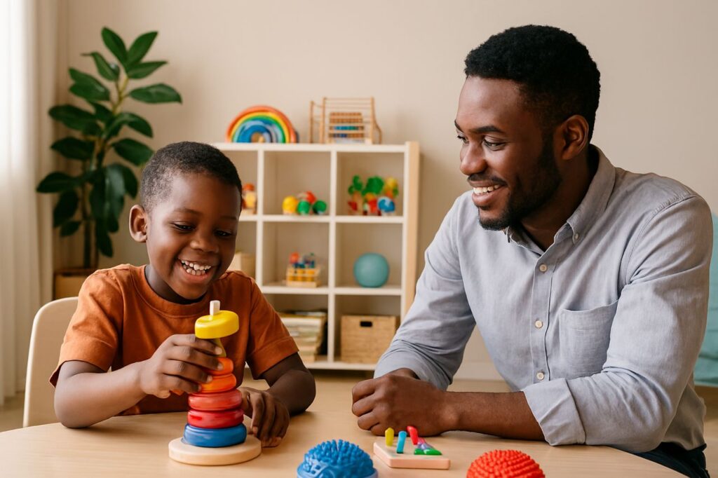 Autism Therapy In Nigeria: Black autism therapist treating kid with autism in Lagos