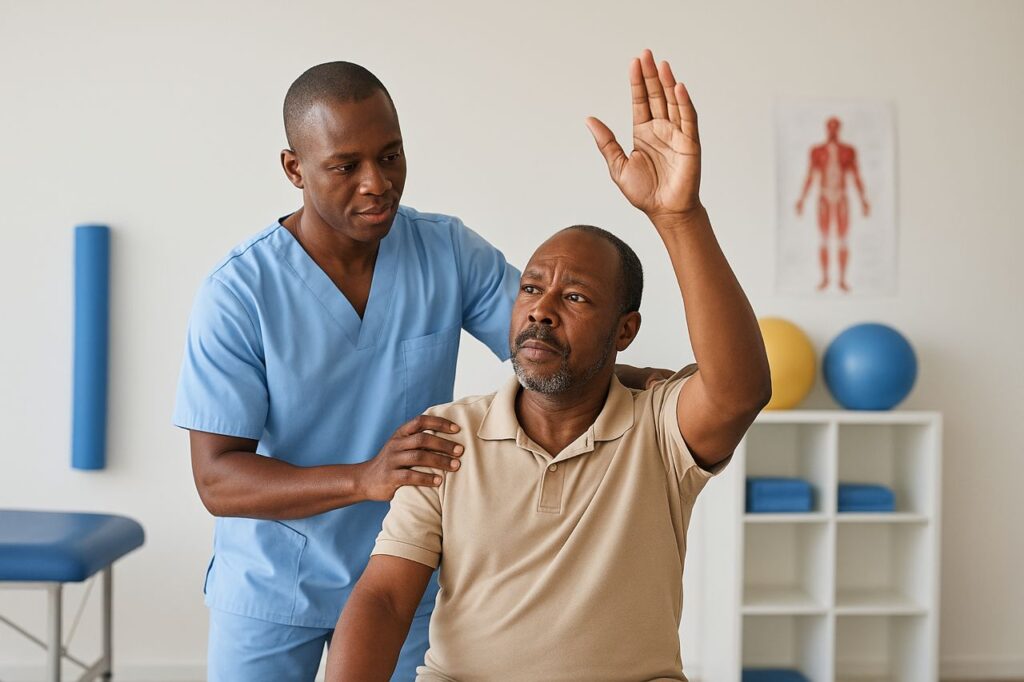 Physiotherapist assisting an older male stroke patient during a rehabilitation exercise inside a bright clinic in Lagos.
