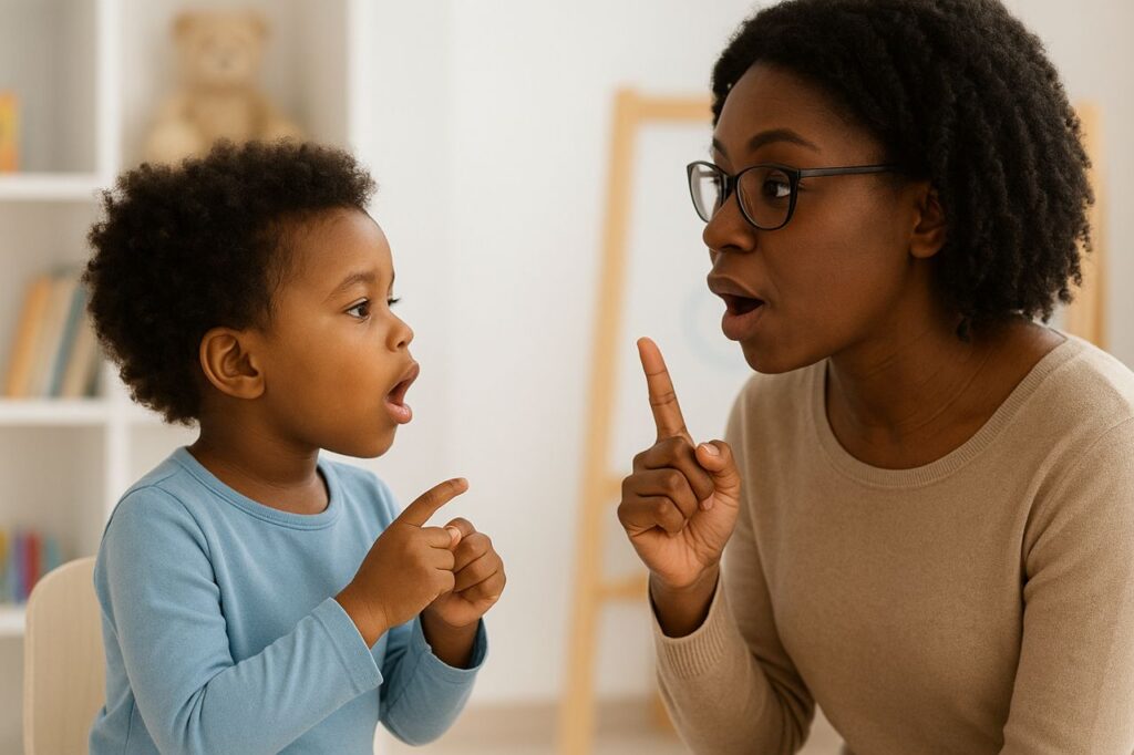 Child receiving supportive speech therapy session in Lagos to improve communication skills.