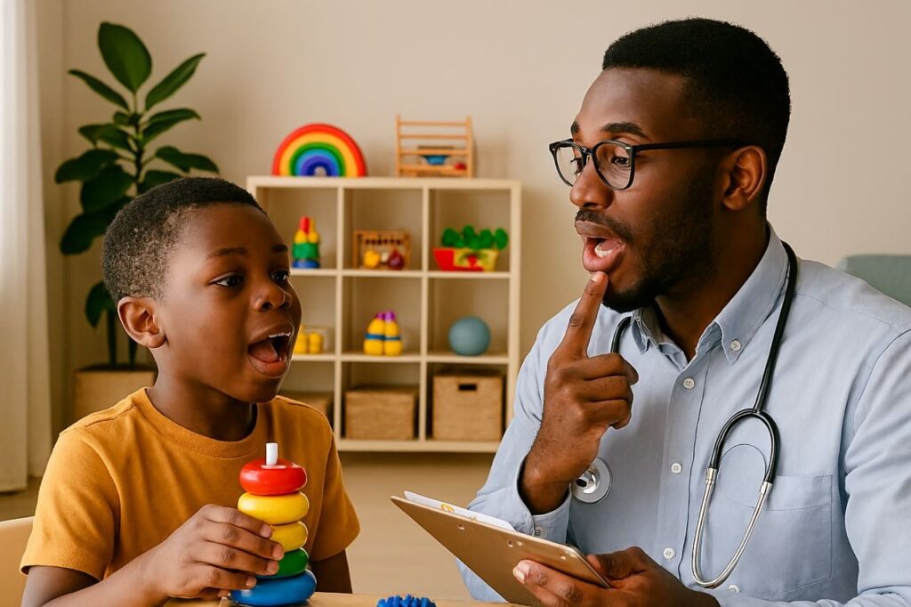 Black patient and Dr performing speech therapy activities in lagos to help patient speak better.
